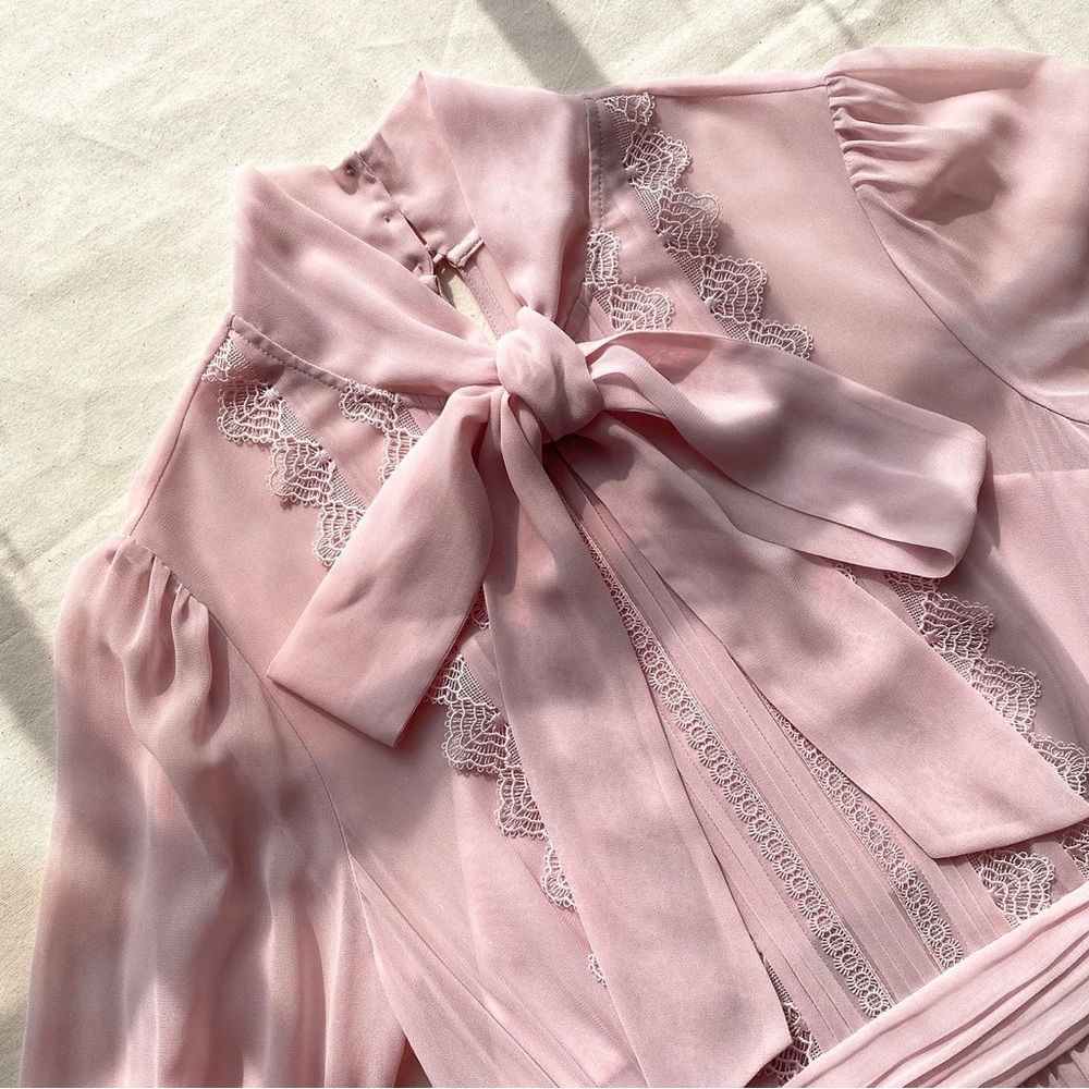 Self portrait pale pink chiffon trimmed lace midi long sleeve dress - Picture 4 of 9